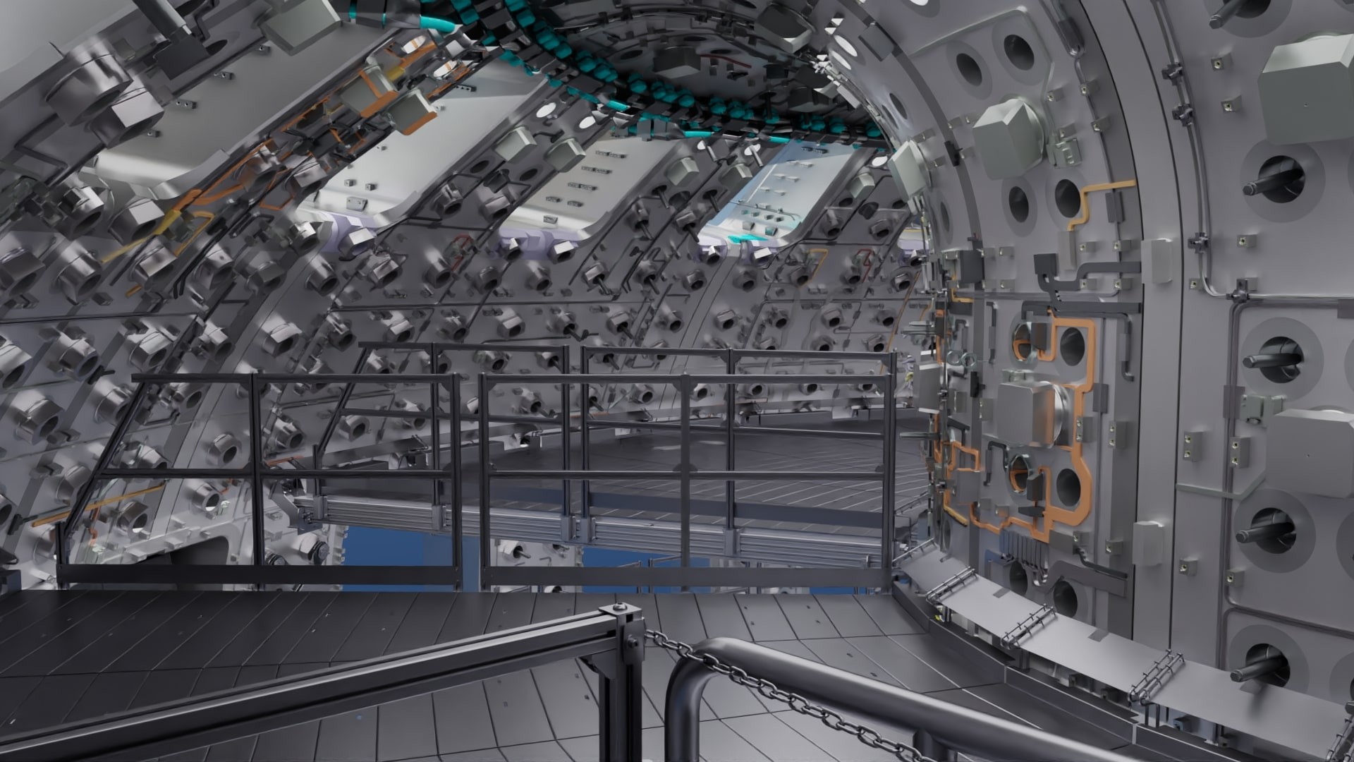 This image, generated from ITER CAD data, shows how platforms will be installed inside of the vacuum chamber for the teams carrying out in-vessel assembly work. Credit: Brigantium and Bentley Systems